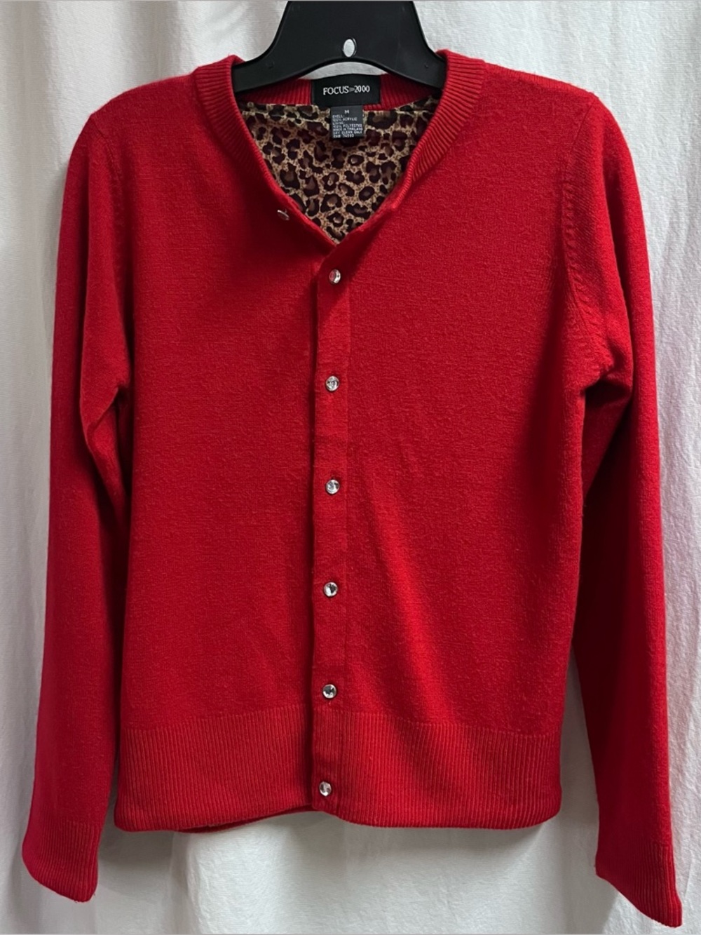 Vintage Focus 2000 Womens Cardigan Sz Medium Red Inner Leopard Print